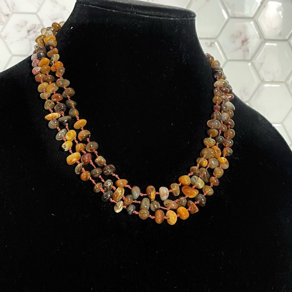 Elegant Multi-Strand Amber, Chaceldony, and Carnelian 3 Strand Necklace